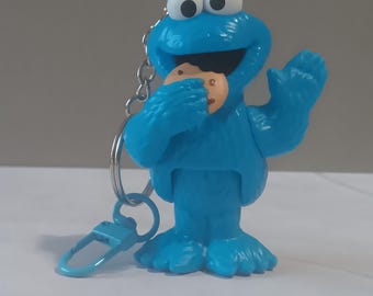 Cookie Monster Figurine Upcycled Keychain - Thrifted Sesame Street Toy Made into a Zipper or Bottle Charm, Backpack Accessory or Key Chain