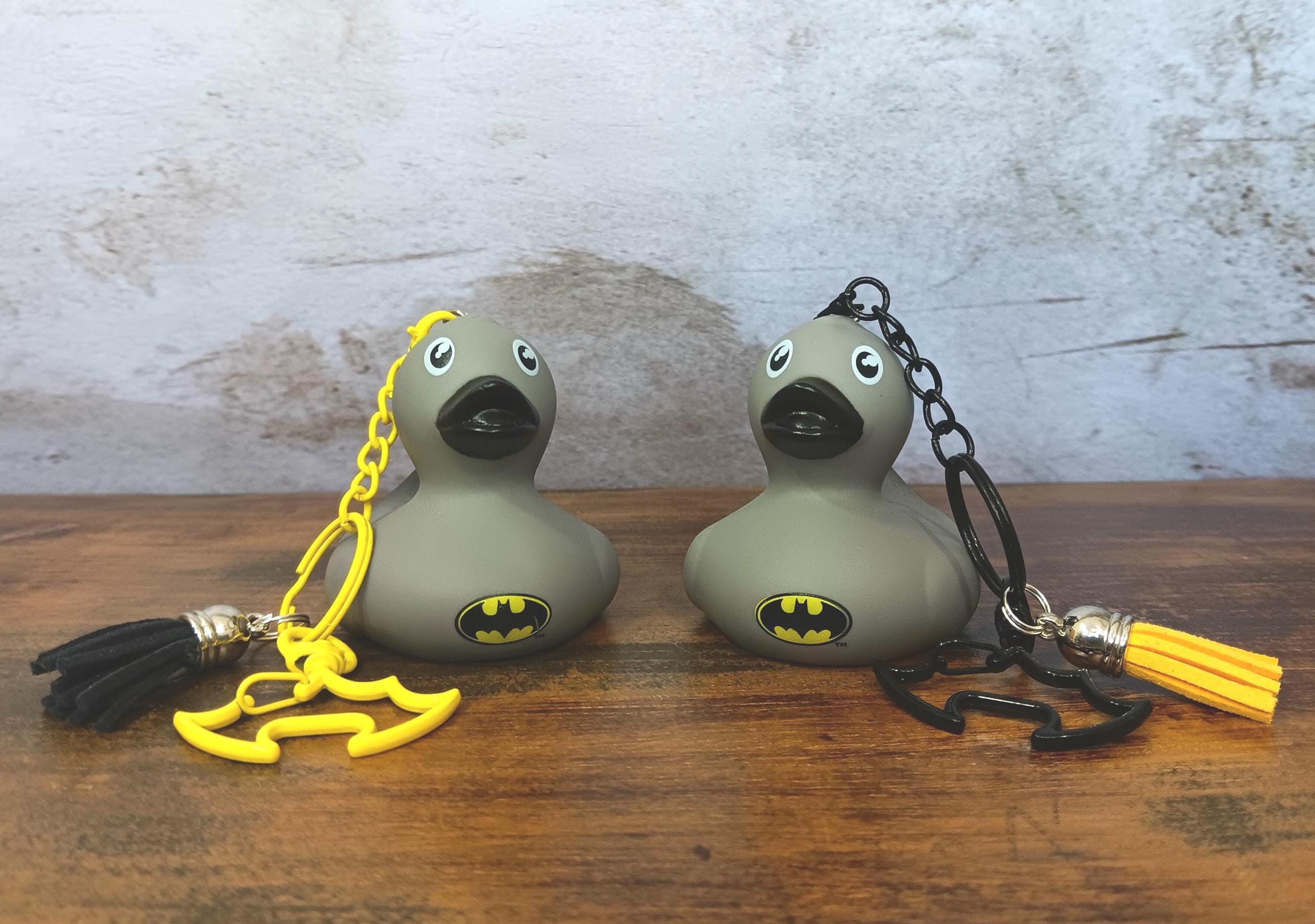 Upcycled Rubber Duck Keychain - Reclaimed Vinyl Batman Duck Toy w Black or Yellow Bat Shaped Lobster Clasp - Bat Man Key Chain Accessory
