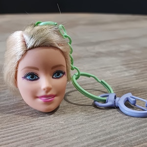 Barbie Head Upcycled Keychain- Mattel Fashion Doll Head Made Key Chain, Backpack Accessory - reclaimed previously played with w hair cut