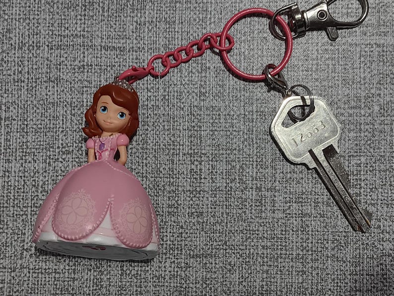 May include: A pink keychain featuring a Sofia the First figurine, a pink chain, a pink ring, and a silver key. The key has the number "12003" printed on it. The keychain is attached to a silver clasp.