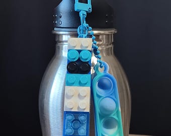 Upcycled LEGO & Fidget Pop Zippers Charm - Reclaimed Building Blocks Play Toys Made into a Water Bottle, Backpack or Mobile Phone Accessory