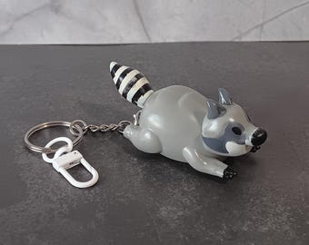 Raccoon Pull Back Toy Upcycled Keychain - Thrifted Plastic Pullback Toy Made into a Zipper or Bottle Charm, Backpack Accessory or Key Chain