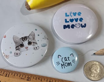 3 Piece Pink & Blue Kitten Love Novelty Pin Set - 3 Pinback Buttons: "Live Love Meow", Cute Peek-a-boo Kitty, "Cat Mom" w Whiskers
