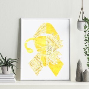 May include: A framed print featuring a yellow watercolor design in the shape of a uterus and a ribbon. The design is filled with words related to endometriosis, such as "pain," "cramps," and "invisible." The print is displayed on a white shelf.