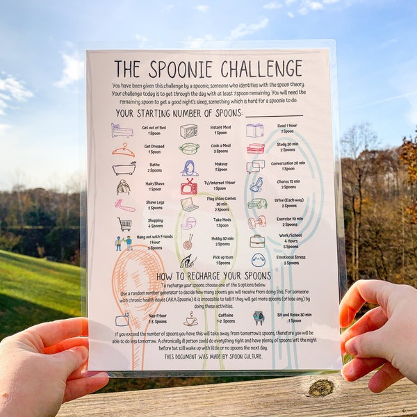 Printed Spoonie Challenge, Chronic Illness Spoon Theory Challenge Document