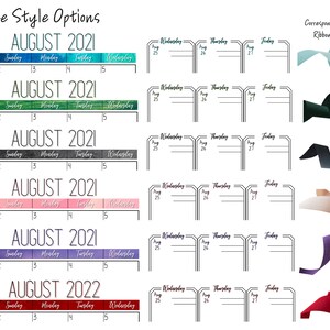 May include: Six different page style options for a calendar planner, each with a different color scheme: blue, green, grey, pink, purple, and red. Each page style features the month of August 2021, except for the red page style, which features August 2022. The calendar pages are divided into days of the week, with the days of the week labeled. Each page style is accompanied by a corresponding ribbon in the same color.