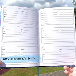 May include: An open notebook with six sections for doctor information. Each section has fields for provider, phone, address, diagnosis, and notes. The notebook has a blue and purple watercolor design.