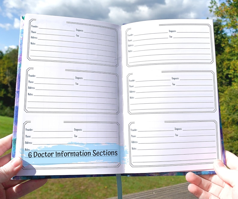 May include: An open notebook with six sections for doctor information. Each section has fields for provider, phone, address, diagnosis, and notes. The notebook has a blue and purple watercolor design.