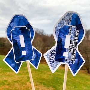 ME/CFS Sticker, Myalgic Encephalomyeletis Chronic Fatigue Syndrome Awareness Ribbon Word Cloud Blue Ribbon Sticker