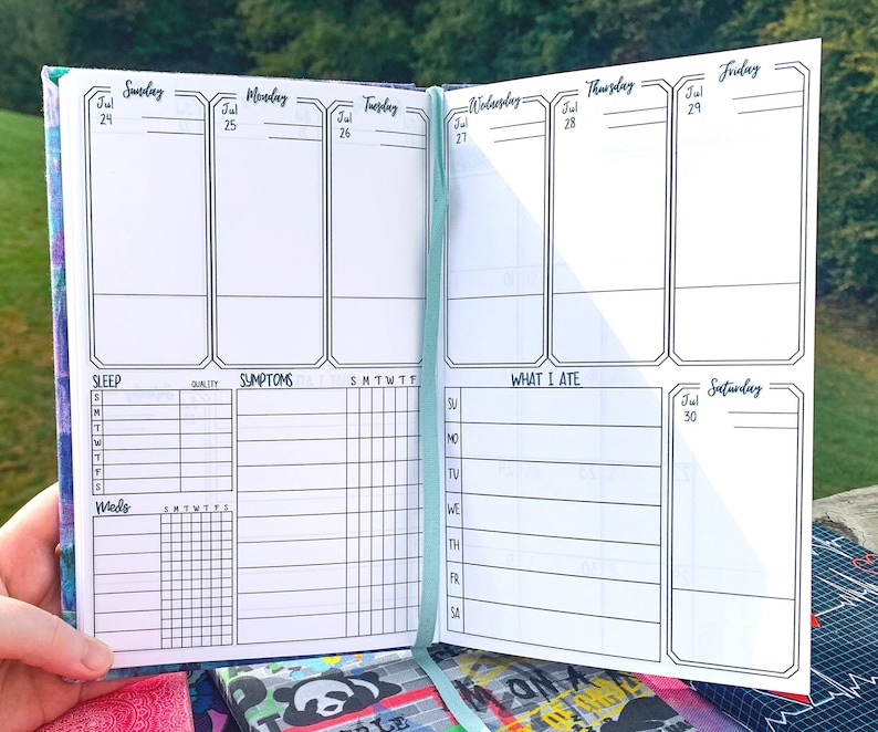 May include: A weekly planner with a blue and purple floral design. The planner has sections for sleep, symptoms, what you ate, and a daily log. The dates are July 24th through July 30th.