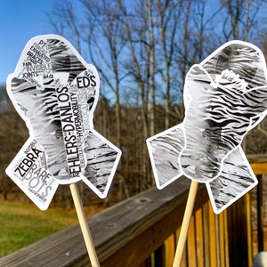 Può includere: Due bastoncini di consapevolezza a forma di nastro con motivo zebrato con parole che descrivono la sindrome di Ehlers-Danlos. I bastoncini sono su un ponte di legno con un'area erbosa verde sullo sfondo.