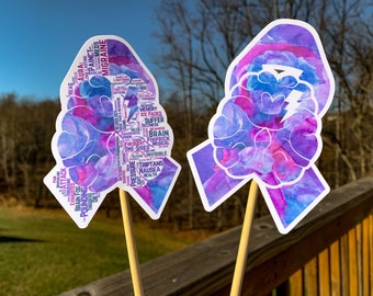 Migraine Sticker, Chronic Migraine Awareness Ribbon Brain Word Cloud Purple Ribbon Sticker