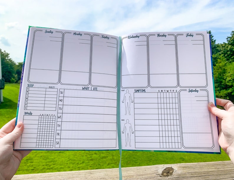 May include: A black and white planner with a colorful galaxy design on the cover. The planner has sections for sleep, what you ate, symptoms, and daily notes. The days of the week are labeled at the top of the page.