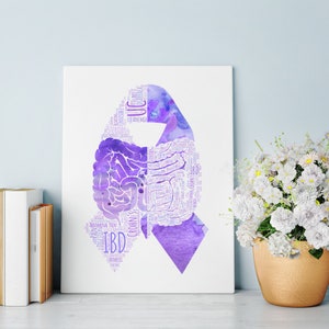 May include: Purple watercolor ribbon with a detailed outline of the human digestive system, including the small and large intestines, and the words "IBD", "Crohn's", and "Ulcerative Colitis" in white text.
