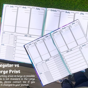 May include: Two open daily planners with different print sizes. The top planner has a smaller print size and the bottom planner has a larger print size. Both planners have a galaxy-themed cover. The text "Regular vs Large Print" is visible at the bottom of the image.