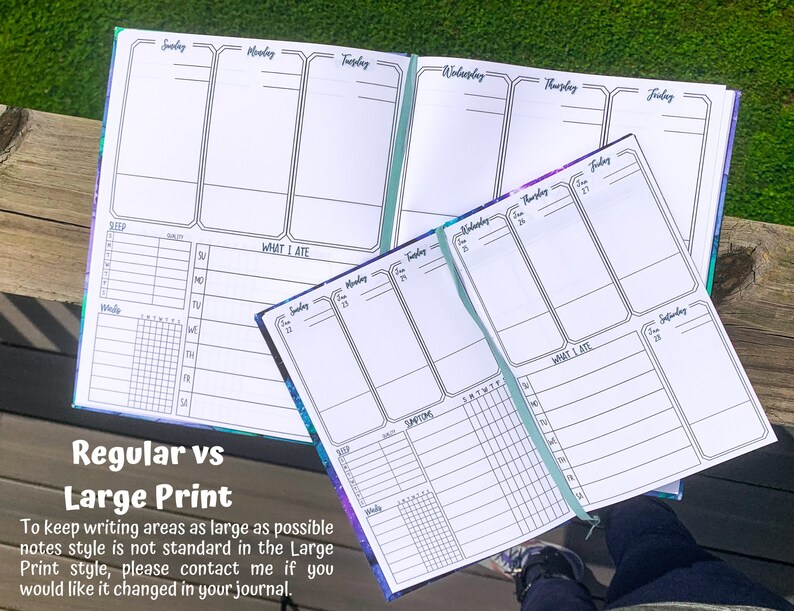 May include: Two open daily planners with different print sizes. The top planner has a smaller print size and the bottom planner has a larger print size. Both planners have a galaxy-themed cover. The text "Regular vs Large Print" is visible at the bottom of the image.
