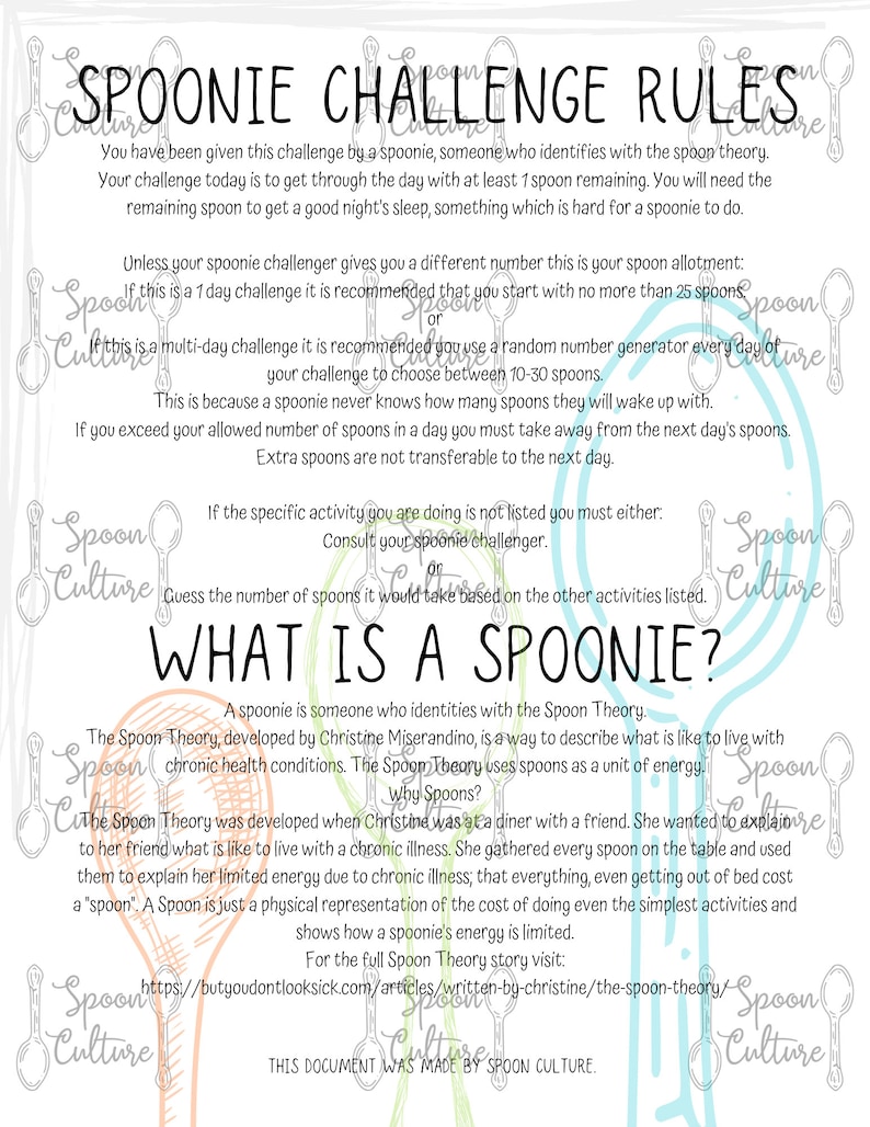 Spoonie Challenge Chronic Illness Spoon Theory Digital Etsy UK