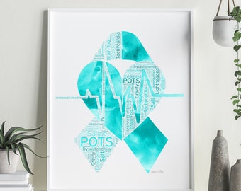 POTS Awareness Ribbon Word Cloud, Dysautonomia Art, Postural Orthostatic Tachycardia Syndrome