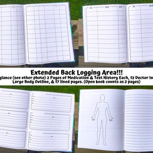 May include: A white notebook with a black grid pattern on the cover. The notebook is open to reveal a blank page with a black grid pattern. The notebook is labeled "Extended Back Logging Area!!!" and includes the text "Year at a glance (see other photo) 2 Pages of Medication & Test History Each, 12 Doctor Info Slots, 1 Large Body Outline, & 17 lined pages. (Open book counts as 2 pages)"
