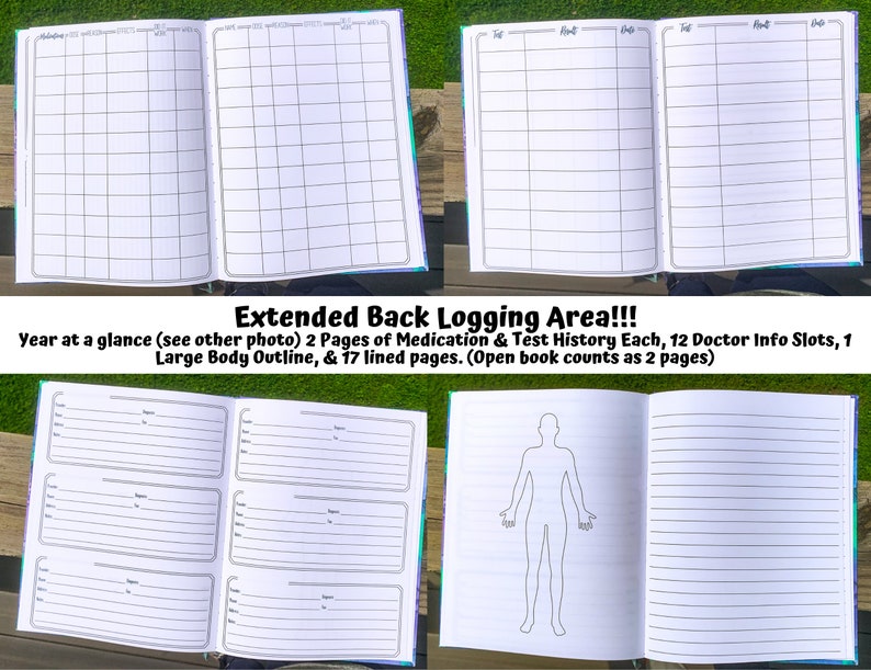 May include: A white notebook with a black grid pattern on the cover. The notebook is open to reveal a blank page with a black grid pattern. The notebook is labeled "Extended Back Logging Area!!!" and includes the text "Year at a glance (see other photo) 2 Pages of Medication & Test History Each, 12 Doctor Info Slots, 1 Large Body Outline, & 17 lined pages. (Open book counts as 2 pages)"