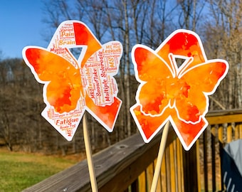 Multiple Sclerose Sticker, MS Awareness Ribbon Butterfly Word Cloud Oranje Ribbon Sticker