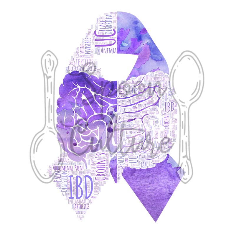 May include: Purple watercolor ribbon with a word cloud of symptoms and conditions associated with Inflammatory Bowel Disease (IBD). The word cloud includes terms like "Crohn's", "Ulcerative Colitis", "IBD", "Diarrhea", "Pain", "Fatigue", "Steroids", "Bleeding", "Inflammation", and "Abdominal Pain".
