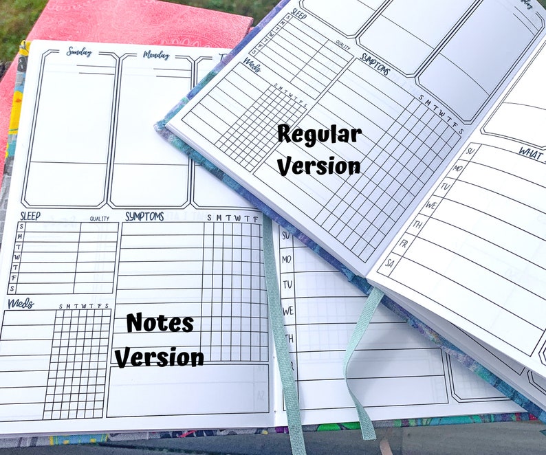 May include: Two open notebooks with different layouts. The top notebook has a "Regular Version" label and the bottom notebook has a "Notes Version" label. Both notebooks have sections for sleep, symptoms, and daily notes.