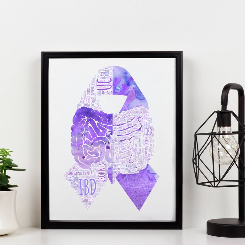 May include: A purple watercolor ribbon with a detailed outline of the human digestive system. The ribbon is made up of words related to inflammatory bowel disease (IBD), including Crohn's disease, ulcerative colitis, and symptoms like abdominal pain, diarrhea, and fatigue.