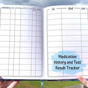 May include: A blue and white notebook with a gridded layout for tracking medication history and test results. The notebook has the text "Medication History and Test Result Tracker" on the right page.