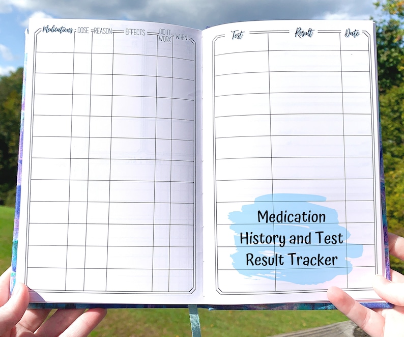 May include: A blue and white notebook with a gridded layout for tracking medication history and test results. The notebook has the text "Medication History and Test Result Tracker" on the right page.