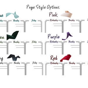 May include: A digital planner page style options graphic with different colored tabs. The tabs are labeled "Blue", "Green", "Grey", "Pink", "Purple", and "Red". Each tab has a Wednesday, Thursday, and Friday section with lines for writing.