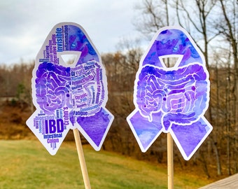 IBD Sticker, Inflammatory Bowel Disease Awareness Ribbon Word Cloud Crohn's Disease Ulcerative Colitis Purple Ribbon Sticker