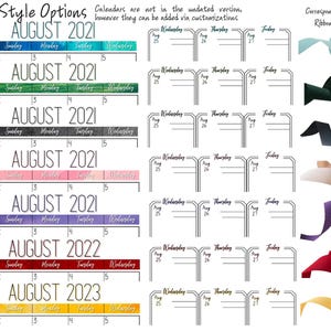 Peut inclure: Image pr&eacute;sentant des options de style de page de calendrier pour ao&ucirc;t 2021, 2022 et 2023. Chaque style a une palette de couleurs diff&eacute;rente, avec des rubans correspondants. Le texte comprend "Options de style de page" et "Rubans correspondants".