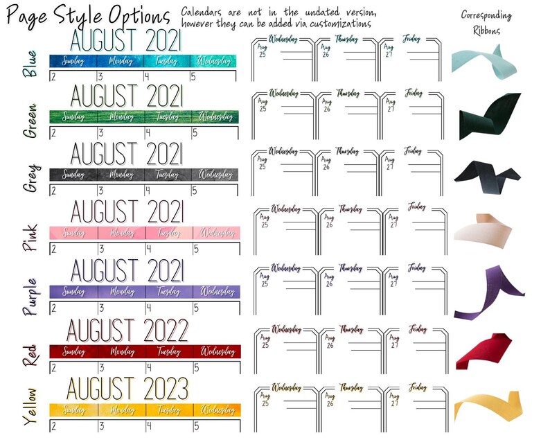 Peut inclure: Image pr&eacute;sentant des options de style de page de calendrier pour ao&ucirc;t 2021, 2022 et 2023. Chaque style a une palette de couleurs diff&eacute;rente, avec des rubans correspondants. Le texte comprend "Options de style de page" et "Rubans correspondants".