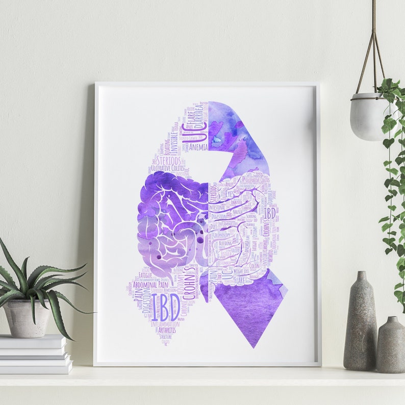 May include: Purple watercolor illustration of a human intestine with the word "IBD" in the center. The illustration is surrounded by words related to inflammatory bowel disease, such as "Crohn's", "Ulcerative Colitis", "Fatigue", "Abdominal Pain", and "Digestion".