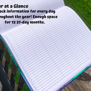 May include: A close-up of a blank, white page in a blue and green journal. The page is lined and has numbers printed on the side. The text "Year at a Glance Track information for every day throughout the year! Enough space for 12 31-day months." is printed at the top of the page.
