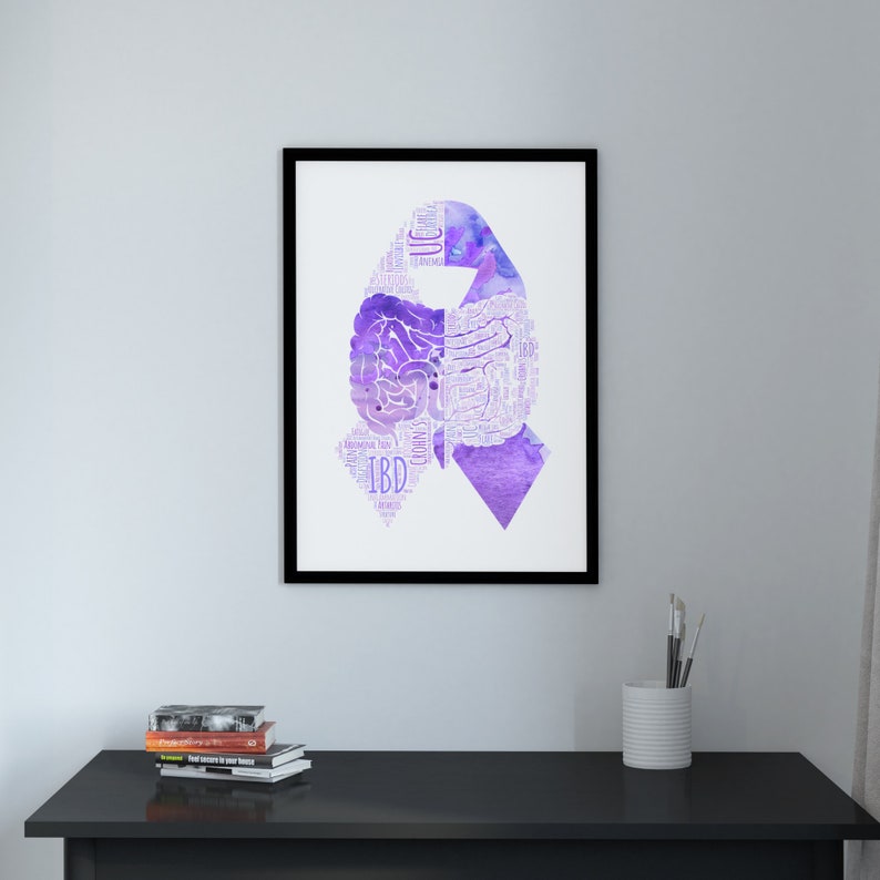 May include: Purple watercolor ribbon with a white outline, shaped like a human intestine. The ribbon is made up of words related to inflammatory bowel disease (IBD), such as Crohn's, ulcerative colitis, and IBS.