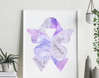 Fibromyalgie bewustzijn lint Word Cloud Art, chronische ziekte kunst digitale download