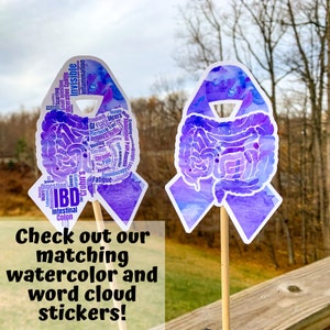 May include: Two watercolor and word cloud stickers in the shape of a purple ribbon with an outline of the human intestines. The text on the stickers includes words related to inflammatory bowel disease (IBD) such as Crohn's, ulcerative colitis, and colon.
