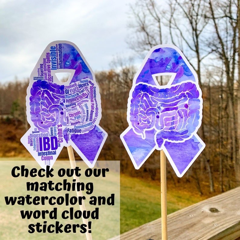 May include: Two watercolor and word cloud stickers in the shape of a purple ribbon with an outline of the human intestines. The text on the stickers includes words related to inflammatory bowel disease (IBD) such as Crohn's, ulcerative colitis, and colon.