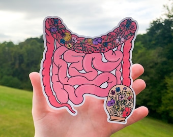 Pegatina de ostomía, intestinos de anatomía floral con pegatina de concienciación sobre la bolsa de ostomía