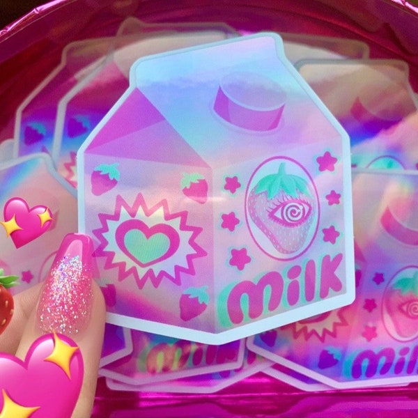 Holographic funky strawberry milk carton sticker