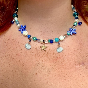 Royal Blue Pearl Starfish Seashell Mixed Beaded Necklace | Mermaid Fairy Core Jewelry | Beachy Summer Necklace | Handmade Indie Alternative