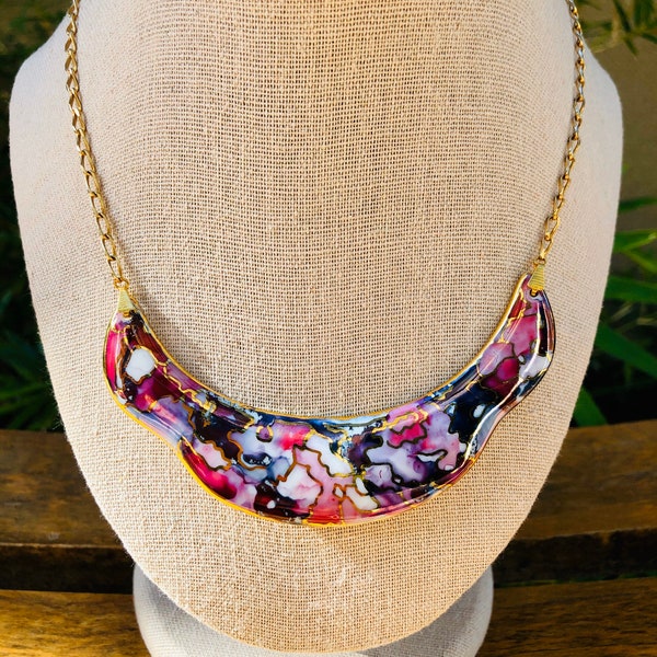 Vintage Artisan Cloisonné Pink Floral Bib Necklace With Gold