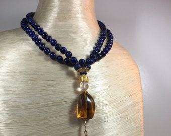 108 Bead 8mm Lapis Lazuli  Mala Necklace with Crystal Quartz Beaded Tassel