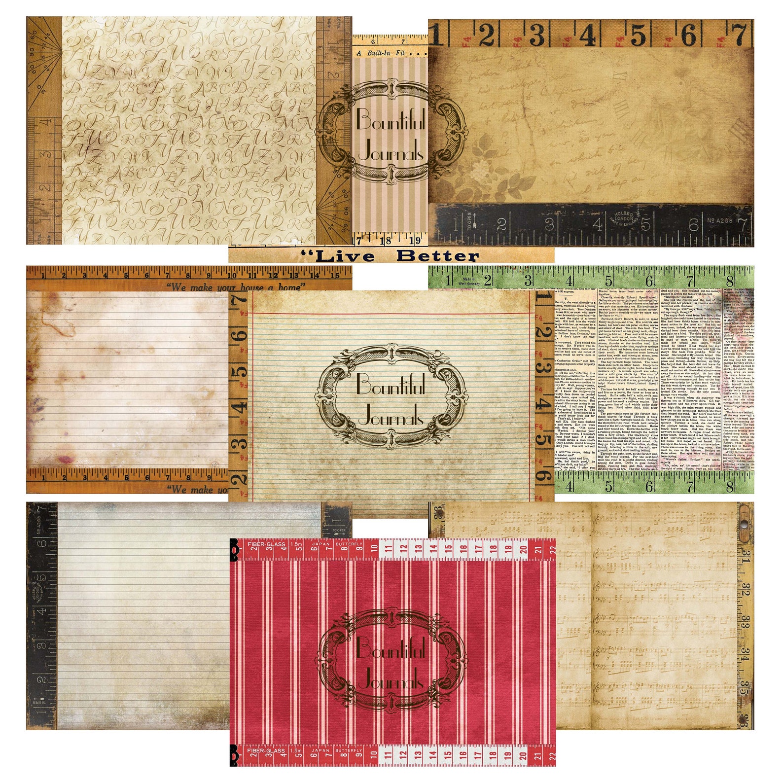 Vintage Rulers Journal Kit Backgrounds Wooden Rulers Digital Download ...