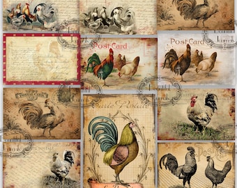 Country French Postcards Vintage Roosters Chickens Digital Download