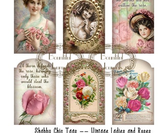 Shabby chic tags, Victorian lady, Vintage Roses, Digital Download, Junk Journal Printables, Collage Sheet