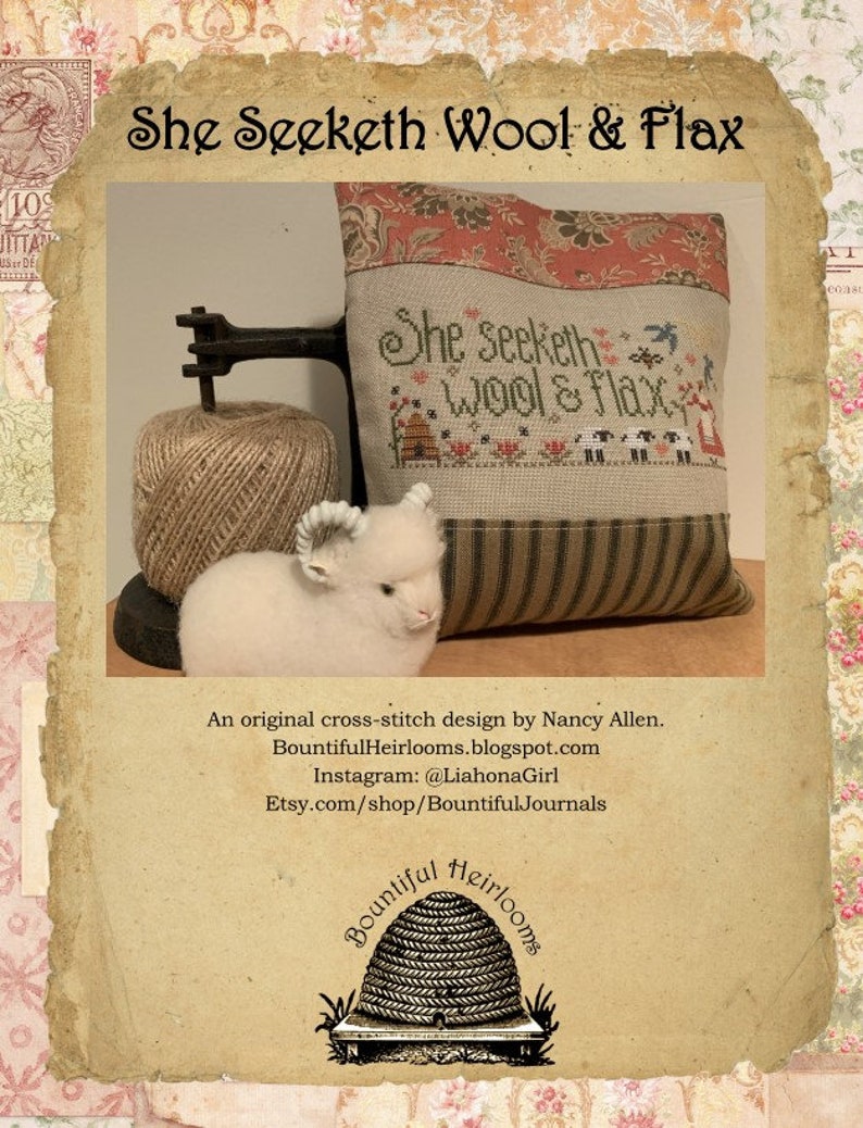 She Seeketh Wool and Flax cross stitch pattern pdf digital download color and B&W image 3