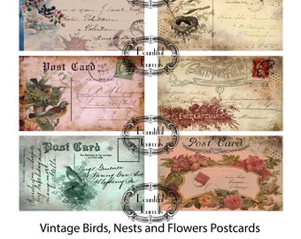 Vintage grunge shabby chic postcards birds florals nests digital download